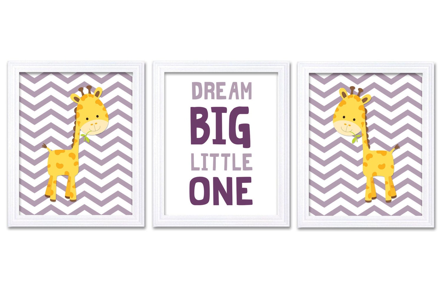 Giraffe Nursery Art Set of 3 Print Purple Plum Dream Big Little One Child Kid Room Wall Decor Africa