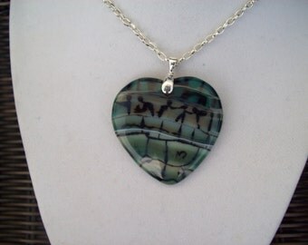 Unusual Green Agate Heart Pendant 2" long