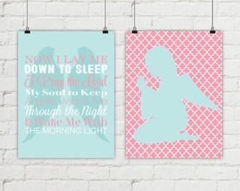 Guardian angel, now I lay me down to sleep, girl nursery religious, baby girls nursery, baptism gift for goddaughter, child's prayer art