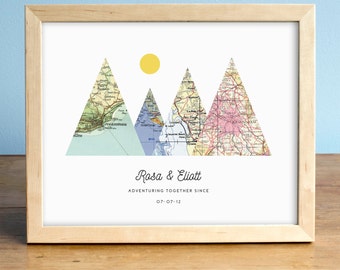 Adventure Together Print, 4 Map Mountain Print, Personalized Map Art, Wedding Gift Art, Custom Anniversary Print, Gift for Couple