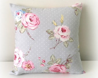Handmade English Rose Grey Floral Cushion Cover Pillow 16" Cotton Shabby Chic