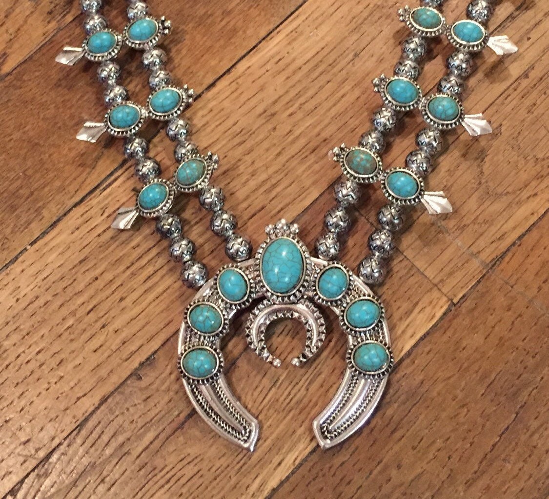 70s Squash Blossom Necklace Faux Turquoise bohemian Jewelry