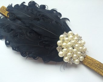 Gold 1920s Headband - Gold Flapper Headpiece - Black Feather 1930s Headband - Black Feather Head Band for Women - Roaring 20s Headband