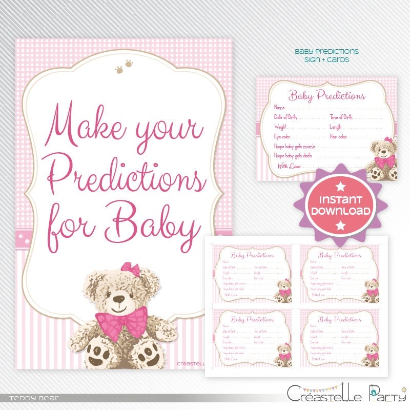 Pink teddy bear predictions baby shower game printable