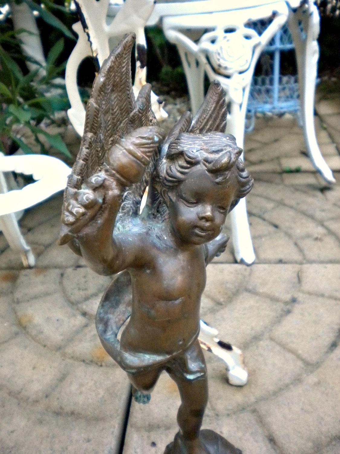Antique French Cherub Spelter Bronze Brass Statue holding a