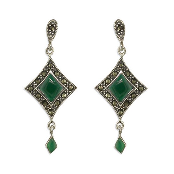 Sterling Silver Art Deco Earrings Green Agate Marcasite