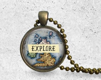 Explore, Map Pendant, World Map Necklace, Map Jewelry, Explore Necklace, Travel Necklace, World Map, Map Necklace, Travel Jewelry, Discover