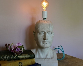 Phrenology Head Table Lamp Bust Statue Skull Reading Light Dorm Office Sculpture Pseudo Science Fowler Brain Modern Bare Bulb-MySecretLite