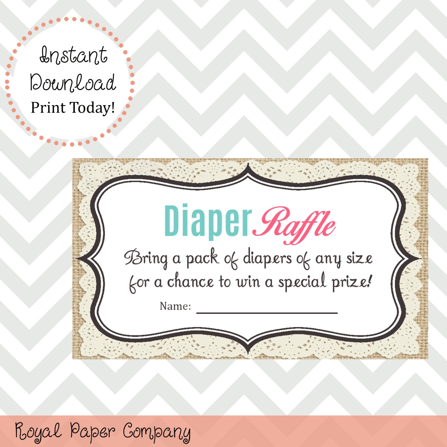 burlap lace diaper raffle ticket instant download diy