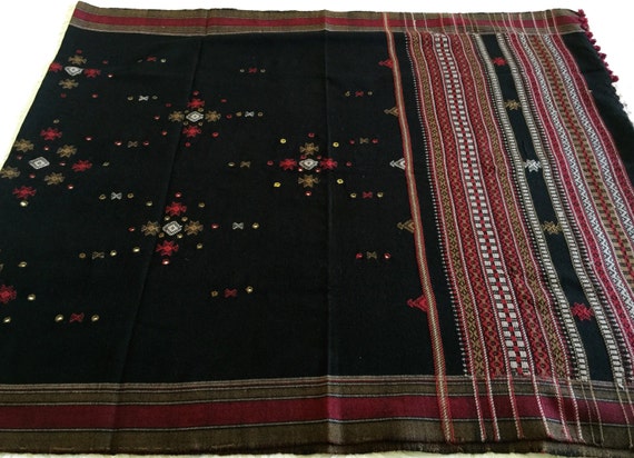Hand embroidered and hand loom woven pure wool black shawl. Intricate Kutch mirror work hand embroidery