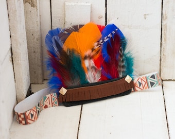 Multi Colored Aztec Feather Headband, Indie Headdress, Feather Crown