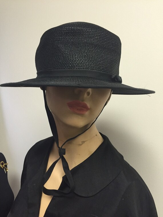 Bolero Hat with Strap. Black Hat Straw Hat. Cloth Bow Tie and