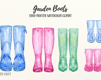 Garden boots clip art, hand painted watercolor wellington boots, rubber boots for instant download, garden clipart, boot clipart