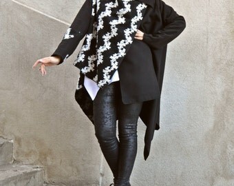 Black and White Cashmere Coat, Embroidered Wool Coat, Black Wool Coat, Embroidered Coat TC48