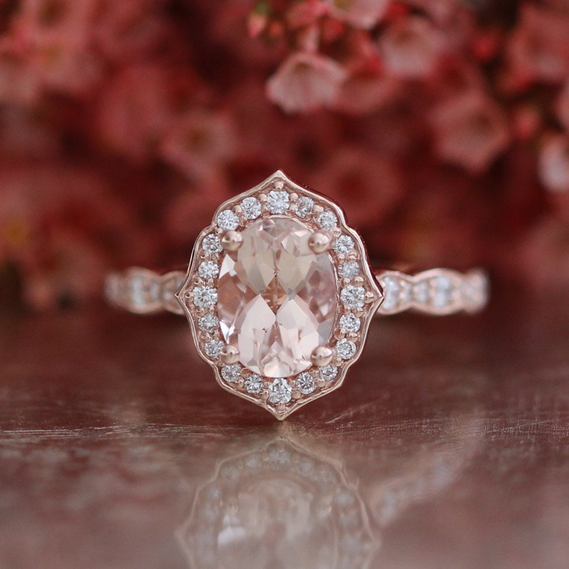 Vintage Floral Oval Morganite Engagement Ring in 14k Rose Gold