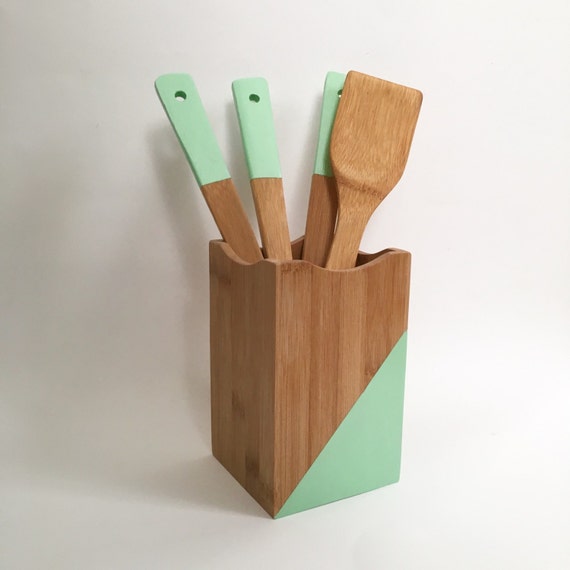 Mint Green Bamboo Utensil Holder Set Kitchen Caddy Cooking   Il 570xN.916485883 Gyts 