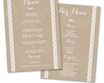 Rustic Wedding Menu - Bar Menu Template - Kraft Wedding Dinner Menu Card - Wedding Reception Menu - Barn Country Wedding Menu - WM01