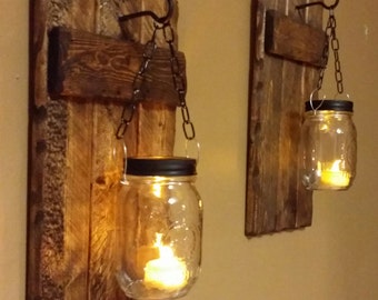 Wood Sconces, Rustic Home Decor, Rustic candle holder, Rustic Lantern, Mason Jar wood candle, Candle holders priced 1 each