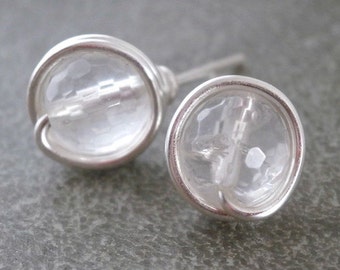 Clear Quartz Studs Crystal Grade 1 Titanium Wire Earrings Wire Wrapped Studs Handmade Faceted Gems Studs Sterling 14K Gold Quartz Jewelry