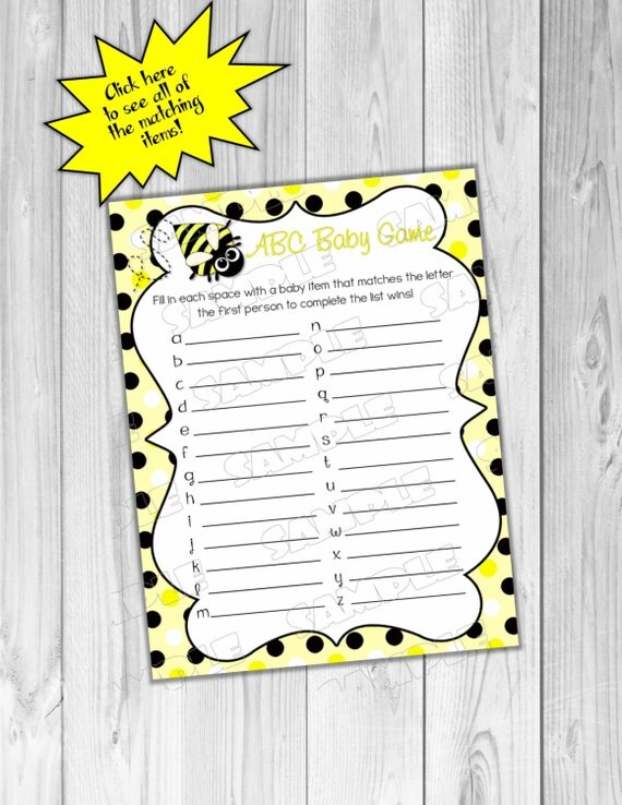 Bumble bee baby shower abc baby game Printable INSTANT