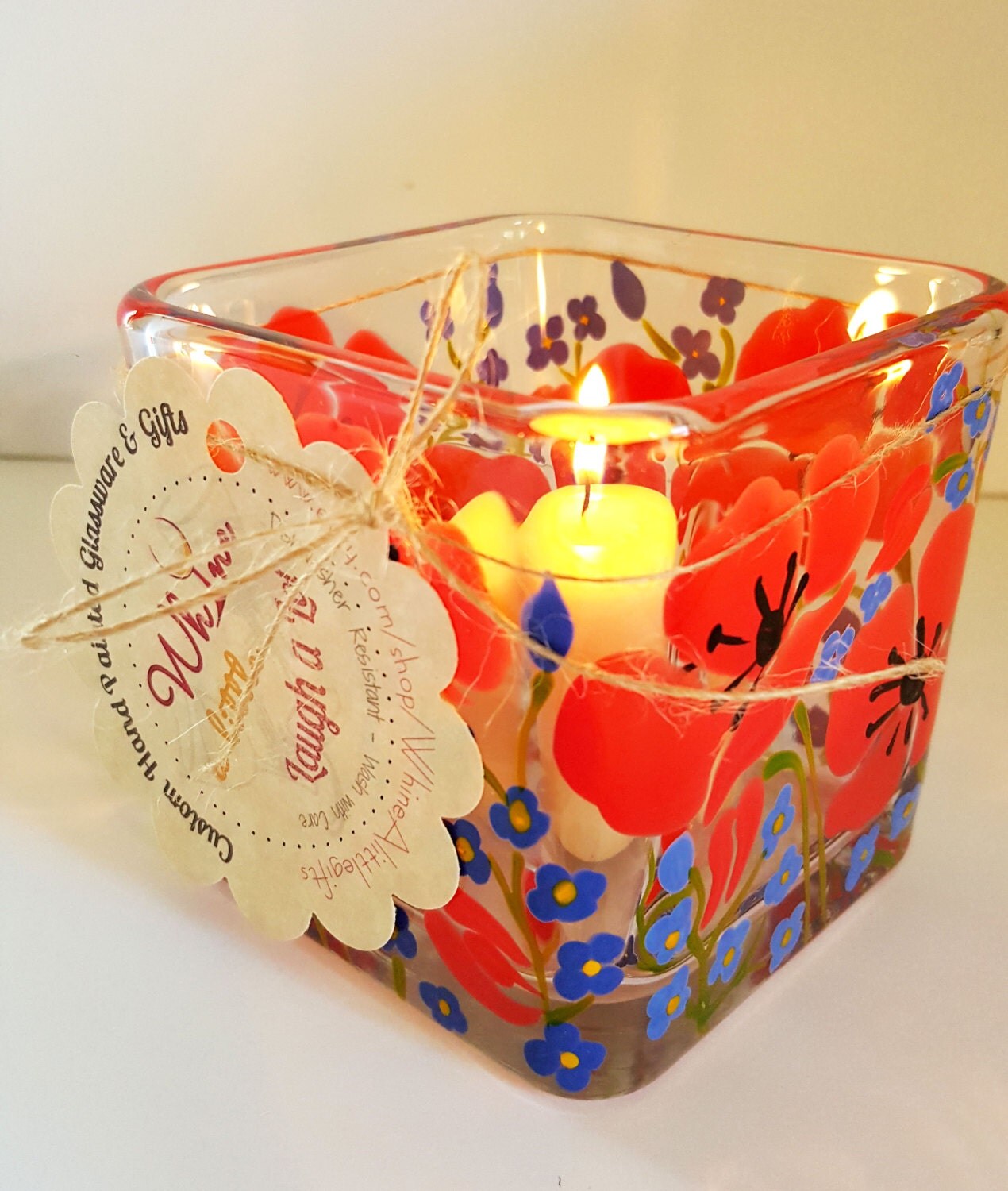 Candle Holder Hand Painted Poppy and by WhineAlittlegifts on Etsy