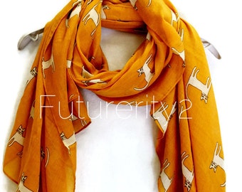 Sketched White Cat Mustard Yellow Scarf / Spring Summer Scarf / Autumn Scarf / Gifts For Her / Women Scarves / Handmade / Accessories