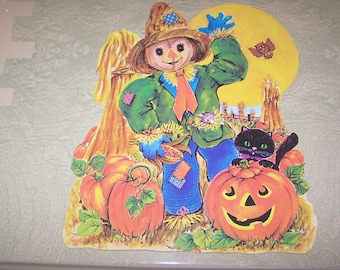 Vintage retro Halloween die cut scarecrow JOL pumpkin jack o'' lantern black cat decoration