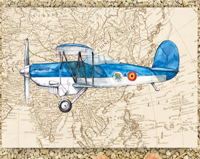 Airplane on vintage world map Set FOUR prints vintage style Prop aircrafts Retro airplane decor Boy's nursery wall art Transportation poster