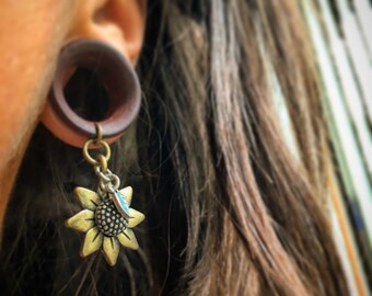 Vintage Sunflower Dangles- Plug Gauges & Tunnels/ Sizes 0g(8mm) through 1"(25mm) Wood Gauges/ Eyelets/ Wood Stretchers/ Dangly Plugs/ Hippie