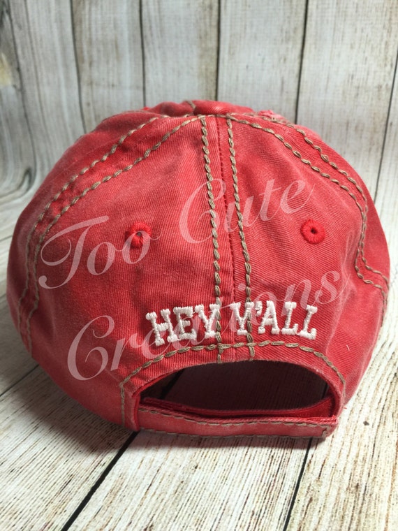 Red Hey Y'all Vintage Distressed Hat