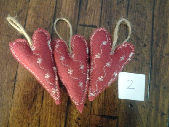 3 new handmade primitive barn red decorative felt heart tree ornaments, Valentine decorations