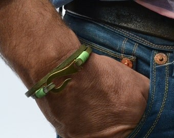bronze fish hook leather bracelet, men nautical jewelry, wrap leather bracelet, bronze jewelry, gifts for men, surfer bracelet