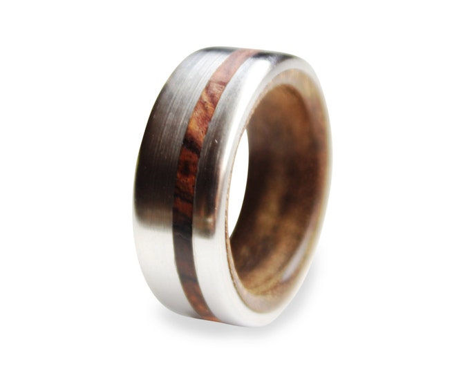 Titanium men ring with tropical ironwood inner and cocobolo wood inlay