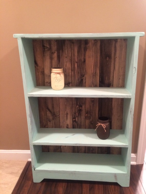 Turquoise bookshelf with barnwood effect by TreasuredByFamily