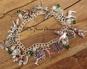 Daughter Of The Forest Pagan Charm Bracelet, Silver Wiccan Jewelry, Goddess Hare Wolf, Spirit Animals, Rainbow Moonstones, Nature Gift