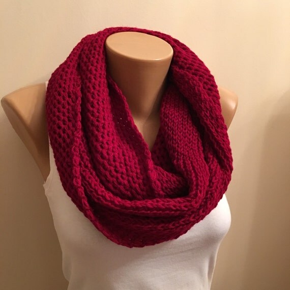 Items similar to Red Infinity Knit Loop Scarf,Cowl Scarf ,Seed Stitch