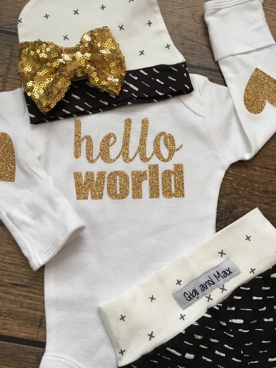 Newborn Baby coming home outfit Hello World Gold by GigiandMax