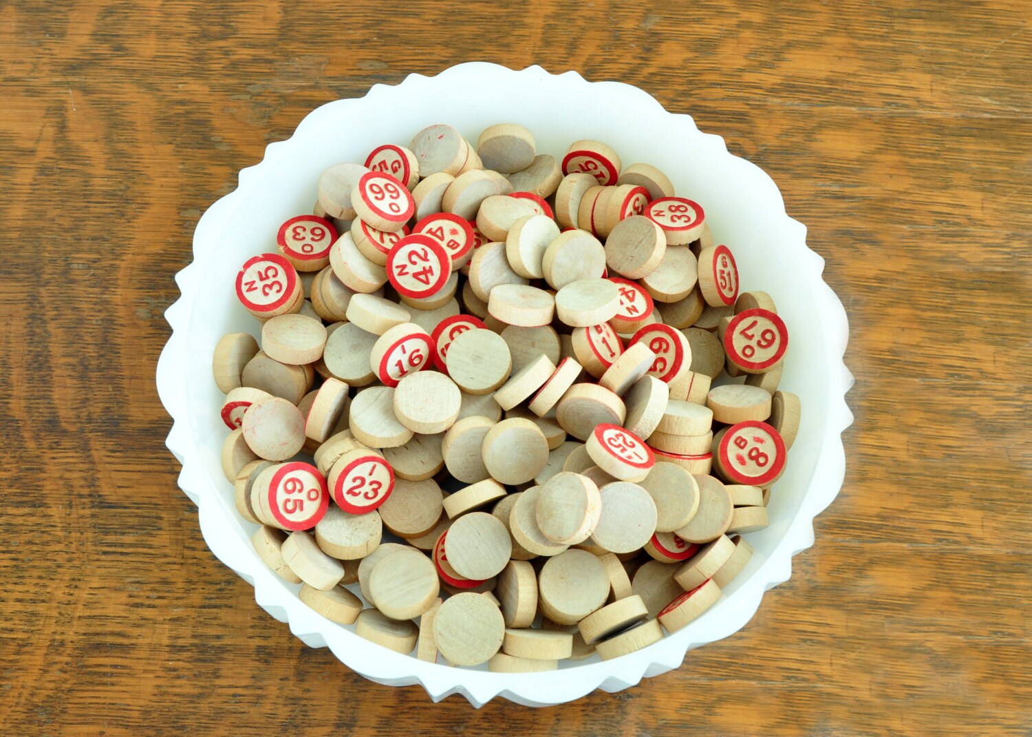 Vintage Wood Bingo Chips with Red Numbers Set of 151 Plain