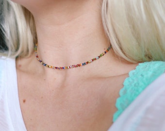 Rainbow Glass Beaded Choker Necklace, Bohemian Choker Necklace