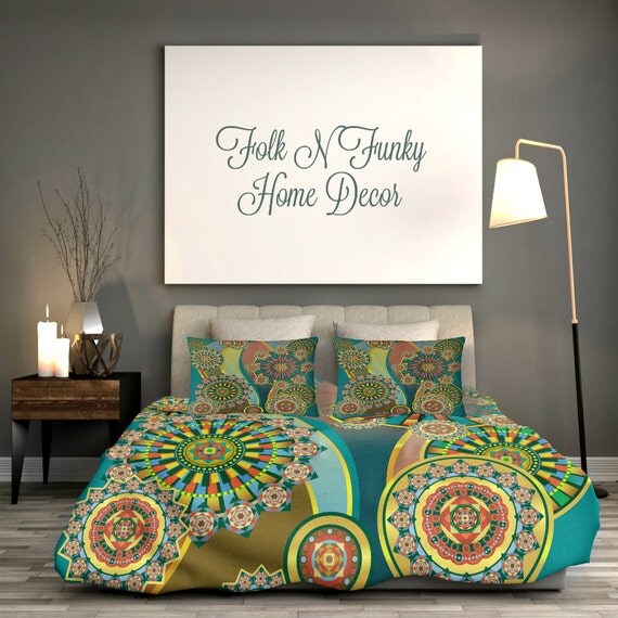 Boho Chic Bedding Duvet Cover Set Dark Teal Crazy by FolkandFunky
