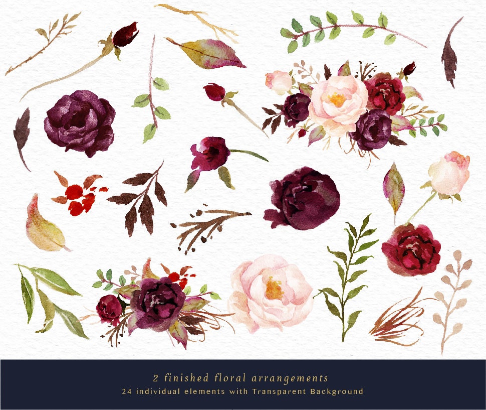 Watercolor floral Clip Art-Marsala Graphic Elements/Individual