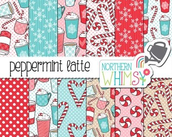 Christmas Digital Paper - "Peppermint Latte" - Winter scrapbook paper with coffee and candy canes in red, pink & light blue - commercial use