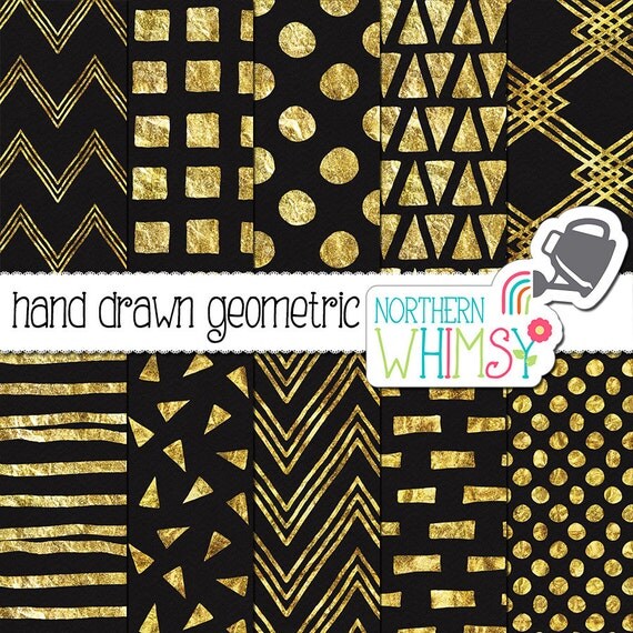 Gold Digital Paper black and gold hand drawn geometric
