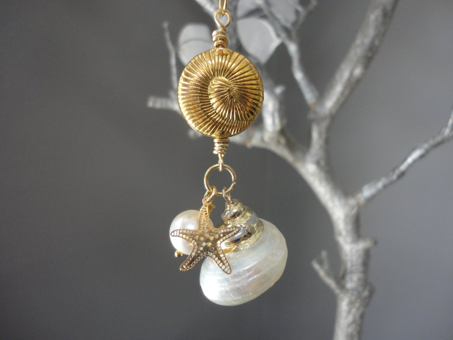 White Spiral Shell Pendant Gold Necklace/Crystal Pearl/Gold Starfish/Spiral Gold Shell/Ocean Theme