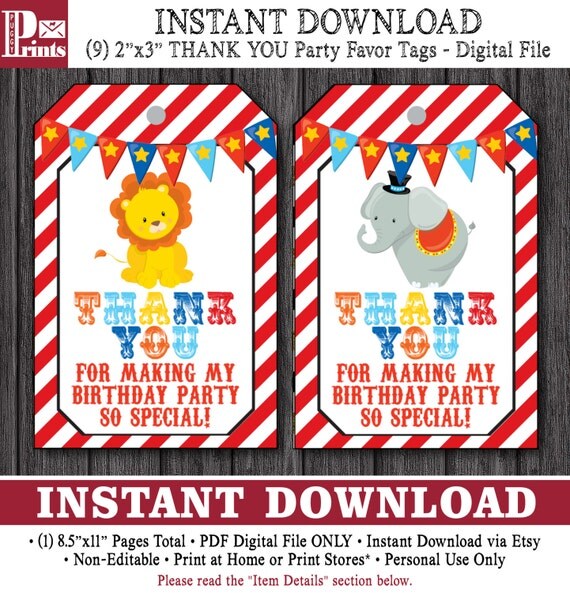 circus birthday favor tags carnival thank youpuggyprints
