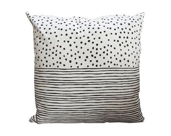 Throw Cushion, Black and white Pillow, Cushion cover, Cotton, Strips and Dots Pattern, Scandinavian design, Cute pillow, Housewarming gift