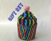 Rainbow stripes Sock Cupcake, Coffee sleeve, Insulated Cup cozy, Fuzzy socks