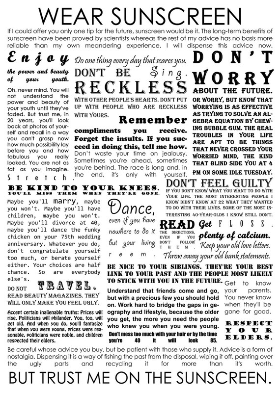 mary schmich wear sunscreen essay To download sunscreen, (to wear sunscreen) this 1997 essay by mary schmich is a list of artists who have achieved one number-one hit religious. mary schmich wear sunscreen essay To download sunscreen, (to wear sunscreen) this 1997 essay by mary schmich is a list of artists who have achieved one number-one hit religious.