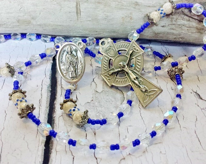 Catholic Rosary Beads ~ Sapphires, Sterling Silver & Crystal ~ Traditional Five 5 Decade Celtic Rosary ~ Thoughtful Gift for Baptism