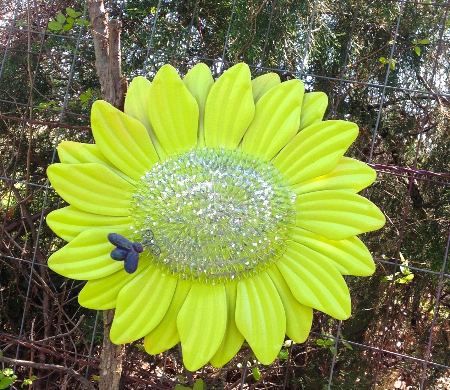 15 Glittered Lime Metal SunFlower / Metal Yard Art